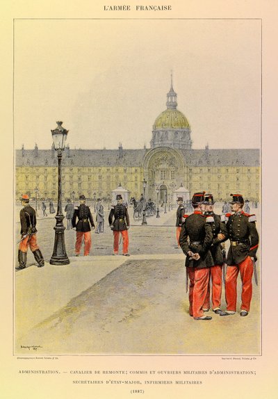 Types and uniforms of the French Armee of Captain Jules Richard, illustrated by Edouard Detaille (1848-1912): Administration: Horseman, military clerk and administrative workers, staff secretaries, military nurses in 1887, Private collection by Jean Baptiste Edouard Detaille