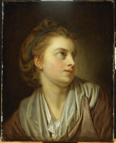 Bir kız, büstü uzunluğunda, yeşil saç bandıyla yukarı bakıyor. by Jean Baptiste Greuze