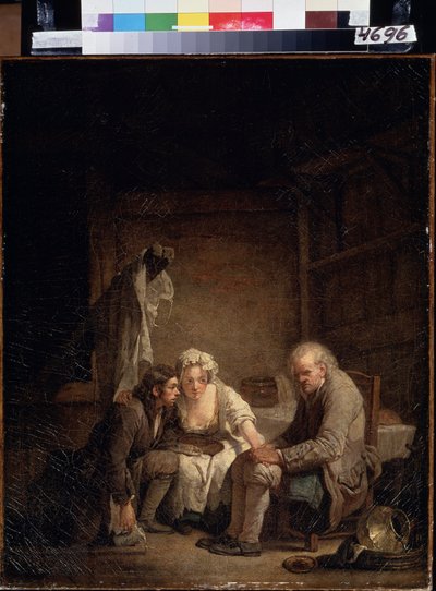 ""Kör Adam Aldatıyor"" (Kör Adam Aldatıldı). Dürüst adam hile, dolandırıcılık ve dürüstlük eksikliğinin kurbanı. 1755 dolaylarında Jean Baptiste Greuze (1725-1805) tarafından yapılan tablo. Tuval üzerine yağlıboya. Rokoko. Puşkin Müzesi, Moskova by Jean Baptiste Greuze