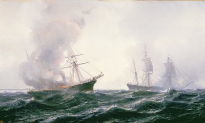Denizde yanan bir gemi, yanında başka biri duruyor by Jean Baptiste Henri Durand Brager