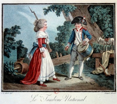 Fransız Devrimi: “Le tambour national”” İki küçük çocuk devrimci kılığına giriyor. Jean Baptiste Huet (1745-1811) tarafından litografi 18. yüzyıl Paris, Dekoratif Sanatlar by Jean Baptiste Huet