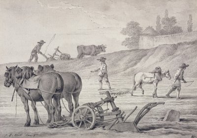 Ploughing the Fields (pen und ink and wash on paper) by Jean Baptiste Huet