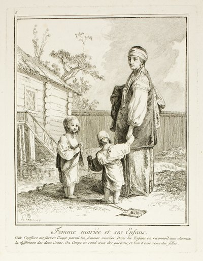 Evli Kadın ve Çocukları, Kuzey Halklarının Çeşitli Giysilerinden Beşinci Tabak by Jean Baptiste Le Prince