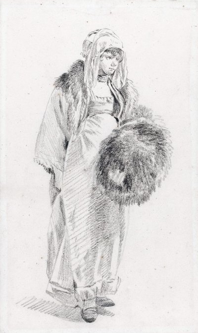 Kürk manşonu olan Rus kadın Le Prince, Jean-Baptiste (1734-1781), 1758 ve 1761 Arası - Kağıt üzerine siyah tebeşir, 22,9x13,8 - Özel Koleksiyon by Jean Baptiste Le Prince