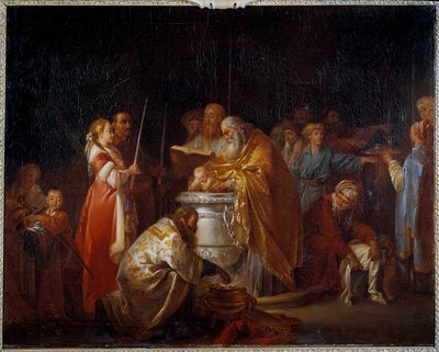 Rus vaftizi Ortodoks bir papa, bir çocuğu ebeveynlerinin önünde vaftiz ediyor. Jean Baptiste Leprince (1733-1781) 1765 Sun tarafından tablo. 0,73x0,92 m by Jean Baptiste Leprince