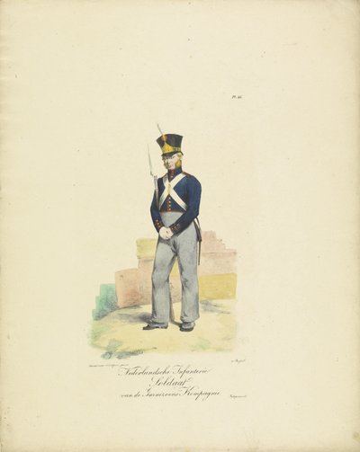 Asker Garnizon Bölüğü, 1820-1825 Garnizon Bölüğünün Hollandalı Piyade Askeri (nesne üzerindeki başlık) Hollanda Krallığı'nın askeri kostümleri. Ekselansları Willem van Bylandt'a ithaf edilmiştir (nesne üzerine seri başlığı) by Jean Baptiste Madou