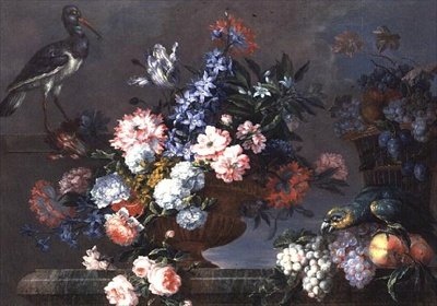 Kuşlu Meyve ve Çiçeklerden Bir Natürmort by Jean Baptiste Monnoyer