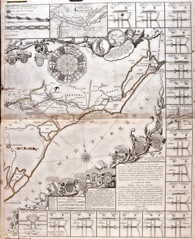Su kemerleri ile Canal du Midi Haritası (Gravür by Jean-Baptiste Nolin