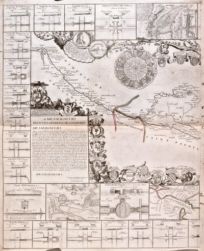Su kemerleri ile Canal du Midi Haritası (Gravür by Jean Baptiste Nolin