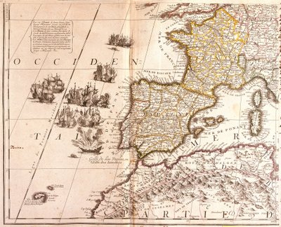 Batı Akdeniz ülkelerinin haritası: Fransa, İspanya, Portekiz ve Kuzey Afrika (Fas, Cezayir, Tunus), Balear Adaları, Korsika ve Sardunya ile (gravür by Jean Baptiste Nolin