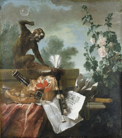 Bir Hava Alegorisi: baloncuk üfleyen bir maymun, bir muset, bir flüt ve müzik notaları ile müzikal bir natürmort by Jean Baptiste Oudry
