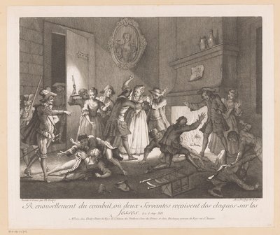 Interior met groep vechtende mensen İki hizmetçinin kalçalarına tokat yediği kavganın yenilenmesi (nesne üzerinde başlık) Roman Comique van Scarron