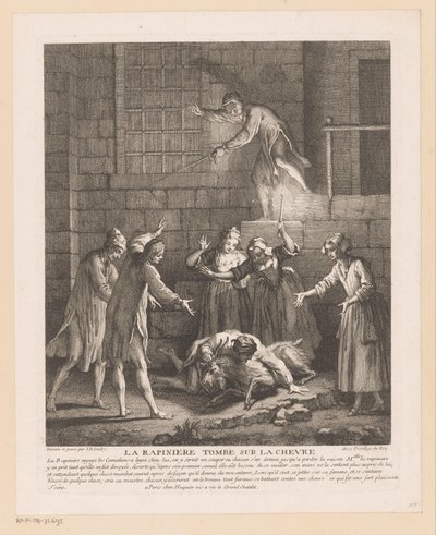 Adam valt bovenop een geit La Rapinière keçinin üzerine düşüyor (nesnedeki başlık) Roman Comique van Scarron