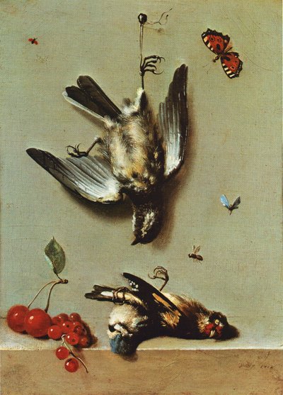 Üç ölü kuş, kuş üzümü, kiraz ve böceklerle natürmort by Jean Baptiste Oudry