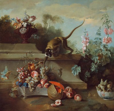 Maymun, Meyve ve Çiçeklerle Natürmort, 1724. by Jean Baptiste Oudry