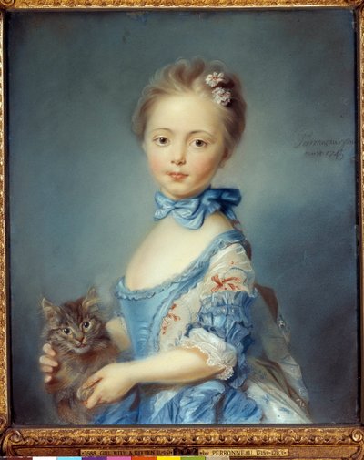 Jean-Baptiste Perroneau (Jean Baptiste Perronneau) (1715-1783) tarafından bir kedi ile genç kızın portresi Pastel boyama by Jean Baptiste Perronneau