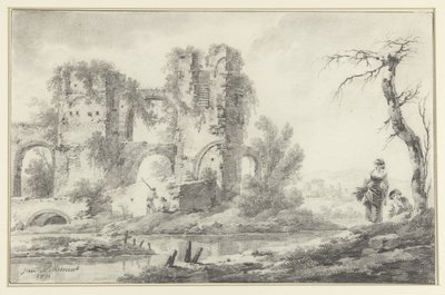 Sağda bir erkek ve bir kızla bir nehirde harabe by Jean Baptiste Pillement
