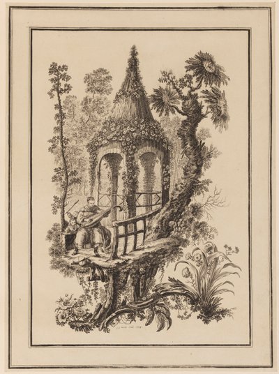 Ağaçlı Yapının Önünde Üç Figür by Jean Baptiste Pillement