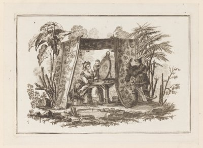 "Farklı Tarihsel Çin Konularından Altı Sayfalık Yeni Defter"den Aynaya Bakan Kadınlar by Jean Baptiste Pillement