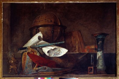 Bilim alegorisi Natürmort, küre, coğrafi haritalar, kitaplar ve vazo. Jean Baptiste Simeon Chardin
