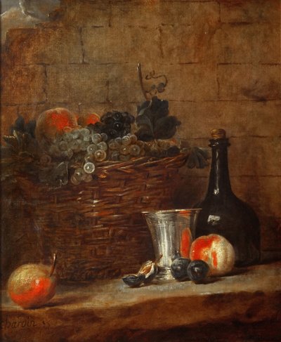 Üzümlü Meyve Sepeti, Gümüş Kadeh ve Şişe, Şeftali, Erik ve Armut by Jean Baptiste Simeon Chardin