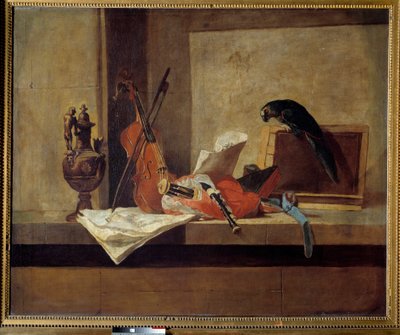 Müzik aletleri ve papağan Boyama Jean Baptiste Simeon Chardin (1699-1779) 18. yüzyıl Özel koleksiyon. by Jean Baptiste Simeon Chardin