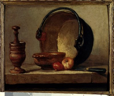 Bakır chaudon harç ve soğan ile natürmort. Jean Baptiste Simeon Chardin (1699-1779) 1732 Paris, Musee Cognacq Jay tarafından tablo by Jean Baptiste Simeon Chardin