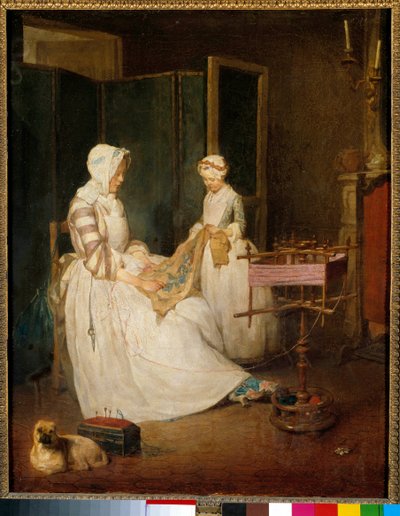 Çalışan anne Bir anne, kızının kaşar işlemesine ve kullanmasına yardım etti. Jean Baptiste Simeon Chardin (1699-1779) tarafından tablo 18. yüzyıl Güneşi. 0,4x0,39 m by Jean Baptiste Simeon Chardin