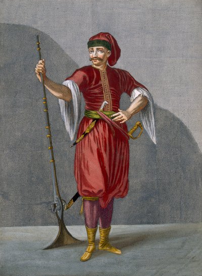 Bir Arnavut Askeri, Charles de Ferriol'un "Levant'ın Farklı Uluslarını Temsil Eden Yüz Baskı Koleksiyonu"ndan 78 numaralı levha, Gerard Scotin (1671-1716), 1707-08 (renkli e by Jean Baptiste Vanmour