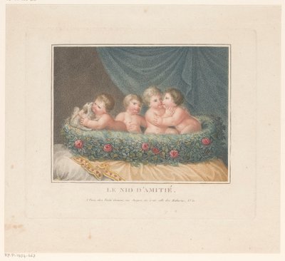 Bir yastık üzerinde gül sepeti içinde bir köpekle dört putti Le Nid d'Amitié (nesnenin başlığı) by Jean Baptiste Verite