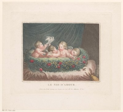 Le Nid d'Amour minderinde gül sepetinde iki güvercinli dört putti. (nesne üzerindeki başlık) by Jean Baptiste Verite