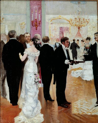 Resepsiyon Belle Epoque Paris sosyetesinde sosyal bir akşam. Jean Beraud (1849-1935) tarafından 20. yüzyıl tablosu. Özel koleksiyon by Jean Beraud