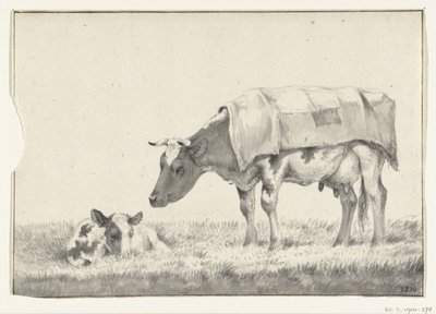 Ayakta duran inek, solda, yatan buzağı ile by Jean Bernard