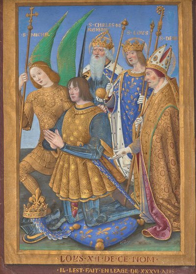 Fransa Kralı XII. Louis, Aziz Michael, Charlemagne, Louis ve Denis eşliğinde Duada Diz Çökmüş by Jean Bourdichon