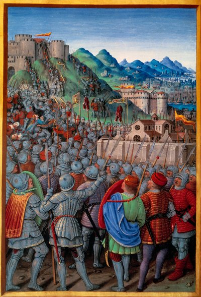 Genois, Fransızlar tarafından Castellacio de Genes muhafızına saldırdı (12 Mart 1507). Jean Marot tarafından yazılmış “” Voyage de Genes” (Folio 20v) içindeki Jean Bourdichon (1457? - 1521) minyatürü, v.1508. Paris, Hollanda by Jean Bourdichon