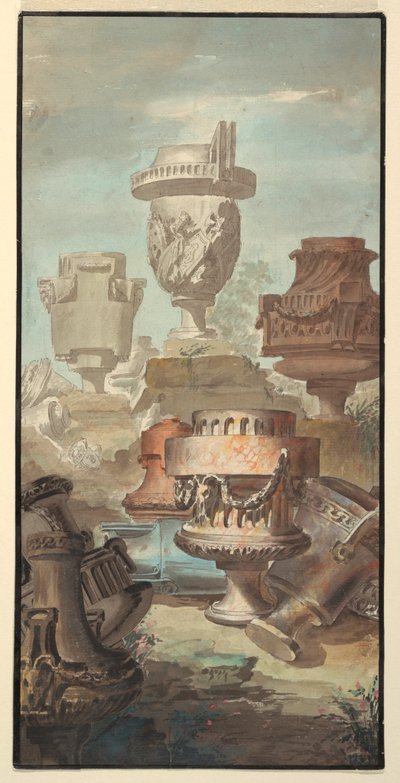 Çizim, Harabe Fantezisi: Vazolar ve Küpler, 1770 by Jean Charles Delafosse