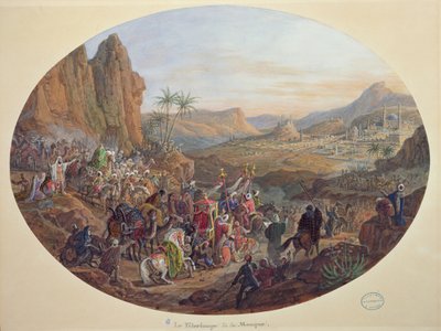 Üretim de Sevres, c.1839-40 (kağıt üzerine guaj) için 'Mekke'ye Hac Yolculuğu'nu tasvir eden bir tabak seti tasarımı by Jean Charles Develly