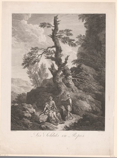 Kayalık bir arazide bir ağacın önünde dinlenen askerler Les soldats en repos (nesne üzerindeki başlık) by Jean Charles Levasseur