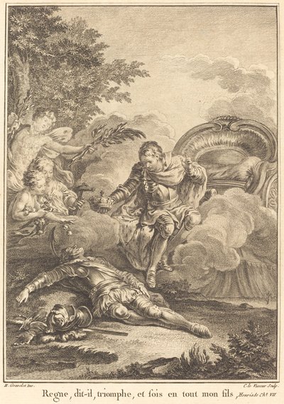 Hükümdar ol, diyor, zafer kazan ve her şeyde benim oğlum ol. by Jean Charles Levasseur after Hubert François Gravelot