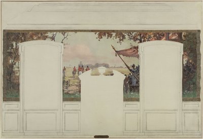 Fresnes belediye binası için taslak: Tribünler ve binicilerle manzara by Jean Constant Pape