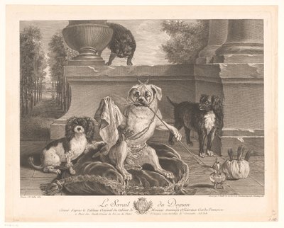 Üç köpek, biri verandada giyinmiş Le Serrail du Doguin (nesne üzerindeki başlık) by Jean Daullé