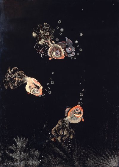 Jean Dunand imzalı, kırmızı ve altın balıkların hava kabarcıkları üflediği bir sualtı sahnesini betimleyen lake panel by Jean Dunand