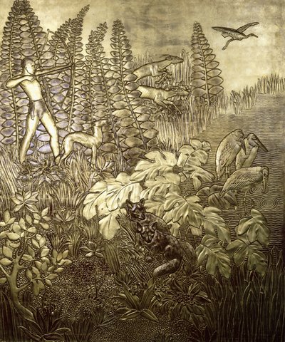 Av; La Chasse, c. 1934 (yaldızlı ve cilalı ahşap) by Jean Dunand