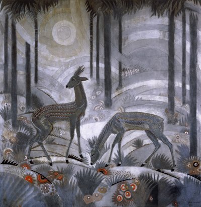Bir Ormanda İki Geyik, c.1929 (vernikli ahşap panel) by Jean Dunand