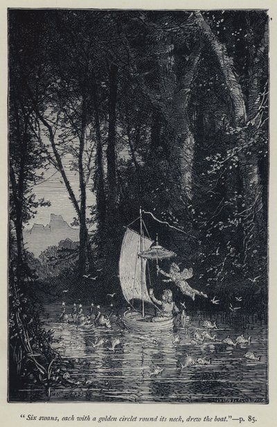 "Boynunda altın bir halka olan altı kuğu tekneyi çizdi" (gravür) by Jean Edouard Dargent