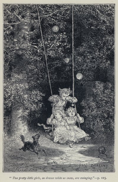 "Kar gibi beyaz elbiseler içinde iki güzel küçük kız sallanıyor" (gravür) by Jean Edouard Dargent