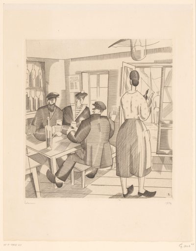 Müşteriler ve garson ile Cafe iç kabare satıcısı by Jean Emile Laboureur (signed by artist)