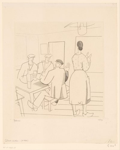Müşteriler ve garson ile Cafe iç Kabare satıcısı (nesne üzerindeki başlık) by Jean Emile Laboureur (signed by artist)
