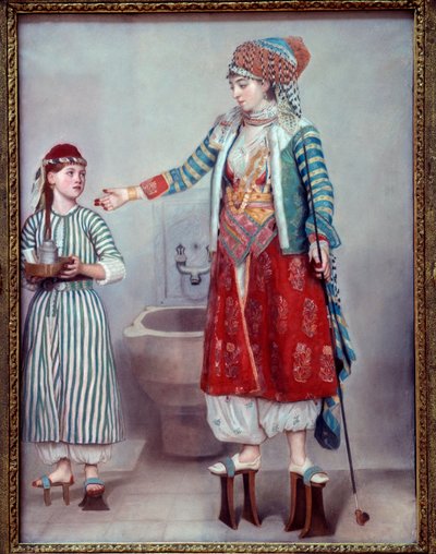 Oryantalizm: “Franco hanımı Türk ve kölesini giydirmiş” İki kadın hamamda kullanılan ahşap platformlar giyiyor. Jean Etienne Liotard (1702-1789) 1742 Dim. 0,71 x 0,53 m Geneva, musee d