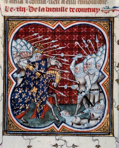 IV. Philip Bel (1268-1314) ile Flaman Sözde Altın Mahmuz Savaşı arasındaki Kortrijk Savaşı 11/07/1302 Minyatür, Jean Fouquet (1420-1481) tarafından “Les grandes Chronicles de France”dan alınmıştır 15. yüzyıl . Paris, BN by Jean Fouquet